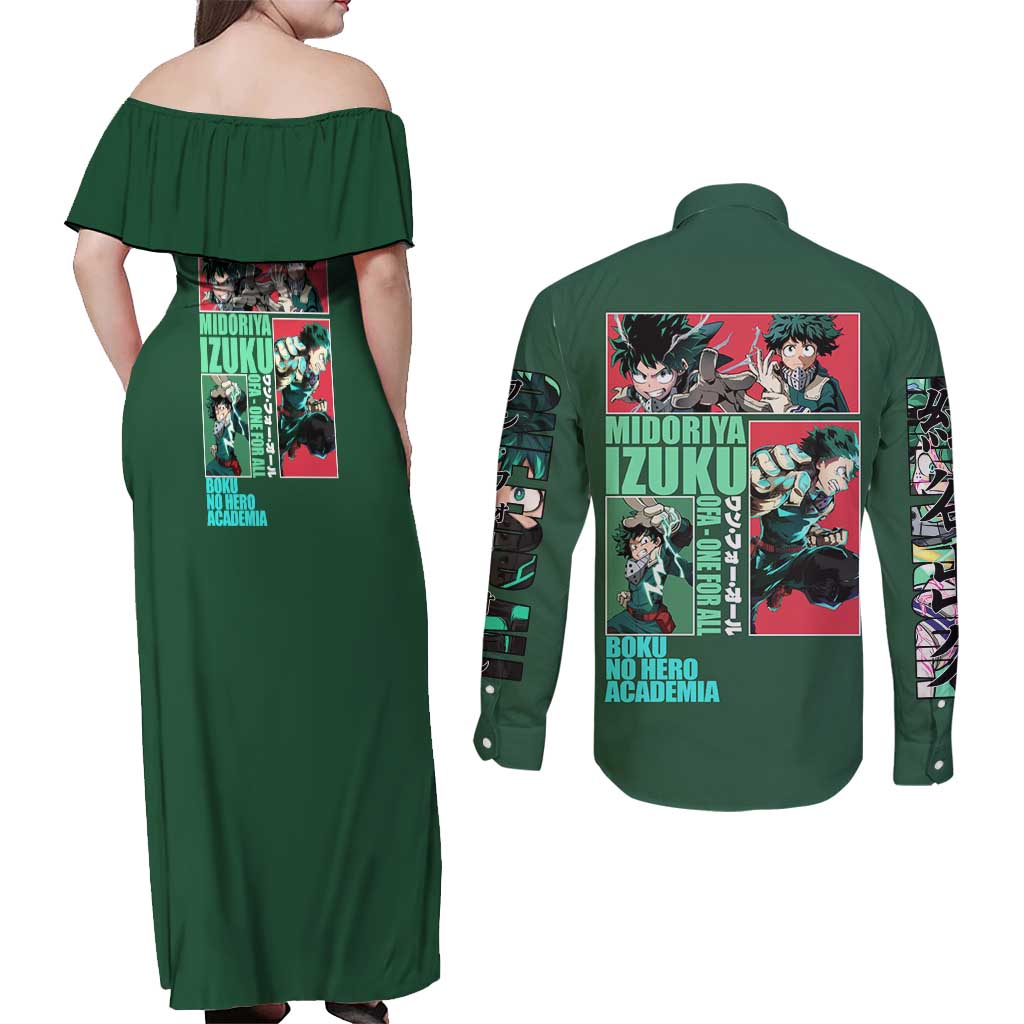 Midoriya Izuku My Hero Academia Couples Matching Off Shoulder Maxi Dress and Long Sleeve Button Shirt Anime Style