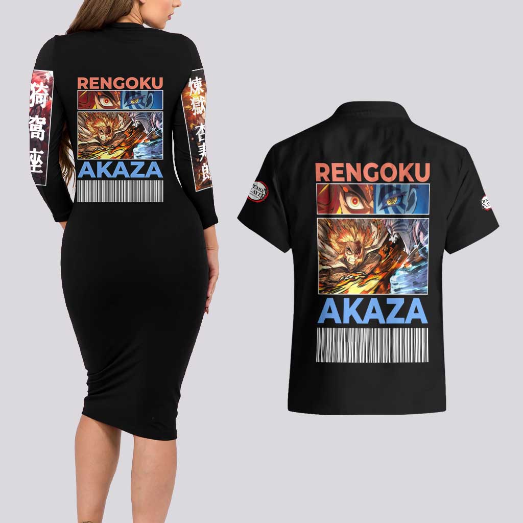 Kyojuro Rengoku vs Akaza Demon Slayer Couples Matching Long Sleeve Bodycon Dress and Hawaiian Shirt Anime Style