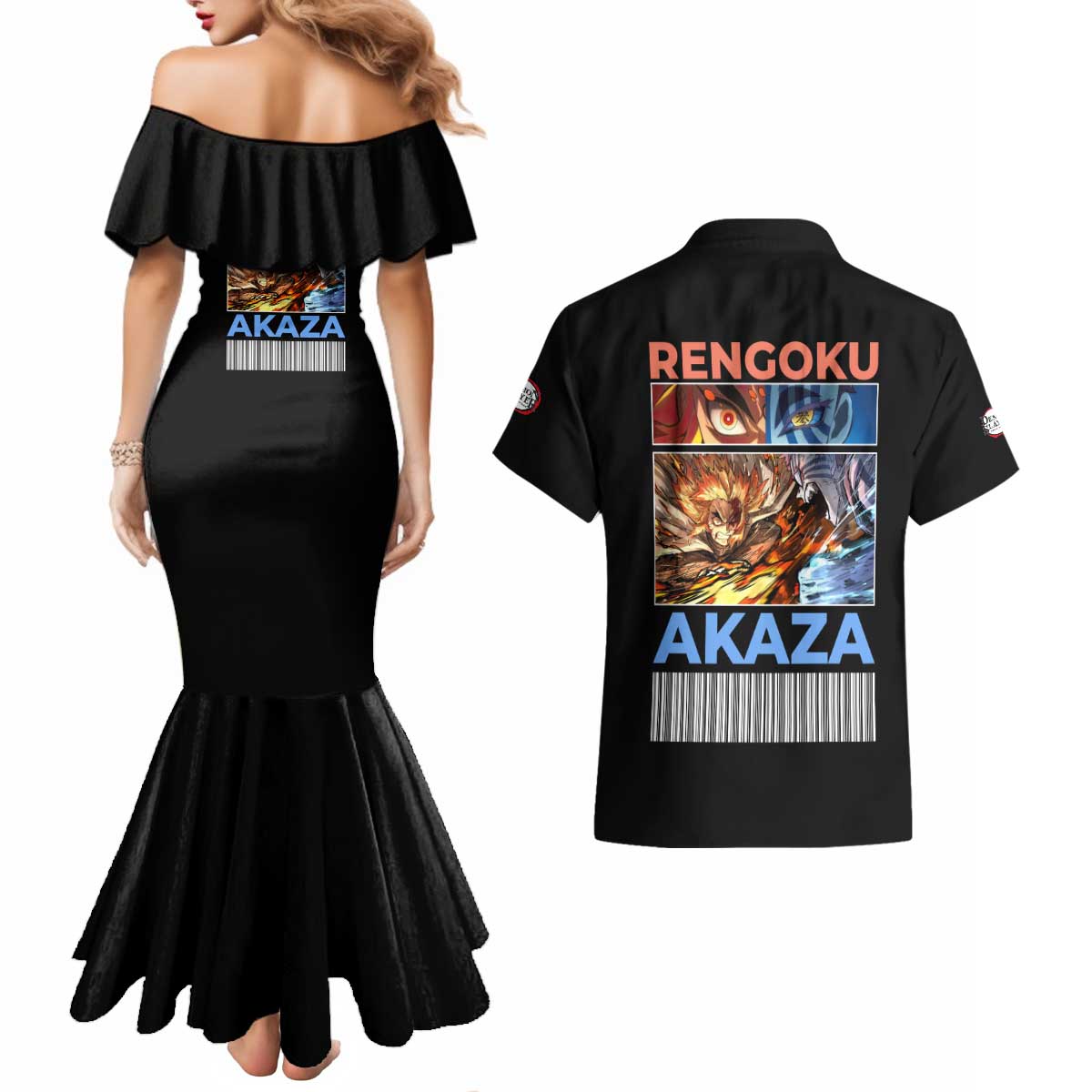 Kyojuro Rengoku vs Akaza Demon Slayer Couples Matching Mermaid Dress and Hawaiian Shirt Anime Style