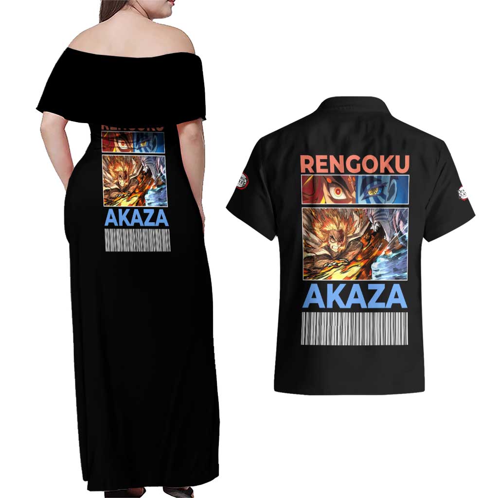 Kyojuro Rengoku vs Akaza Demon Slayer Couples Matching Off Shoulder Maxi Dress and Hawaiian Shirt Anime Style
