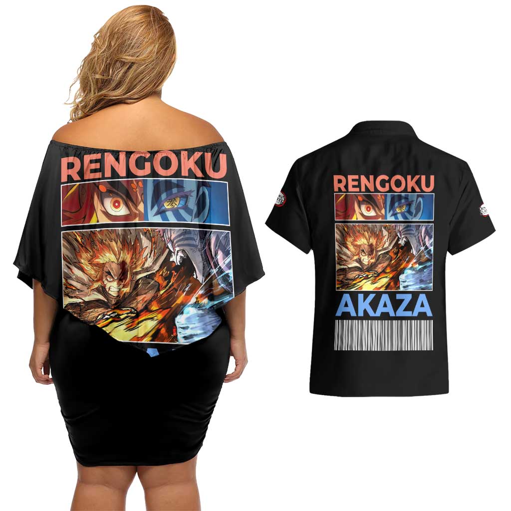 Kyojuro Rengoku vs Akaza Demon Slayer Couples Matching Off Shoulder Short Dress and Hawaiian Shirt Anime Style