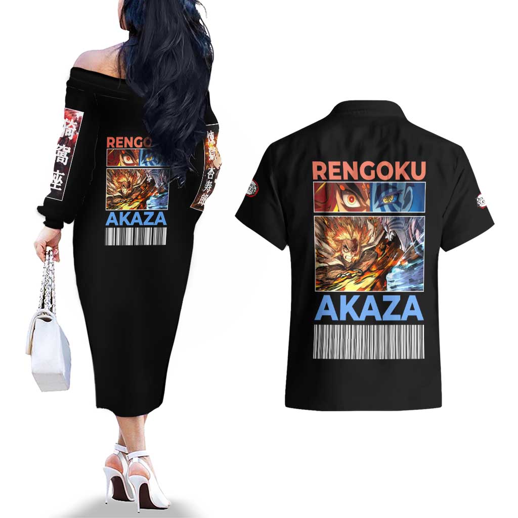 Kyojuro Rengoku vs Akaza Demon Slayer Couples Matching Off The Shoulder Long Sleeve Dress and Hawaiian Shirt Anime Style