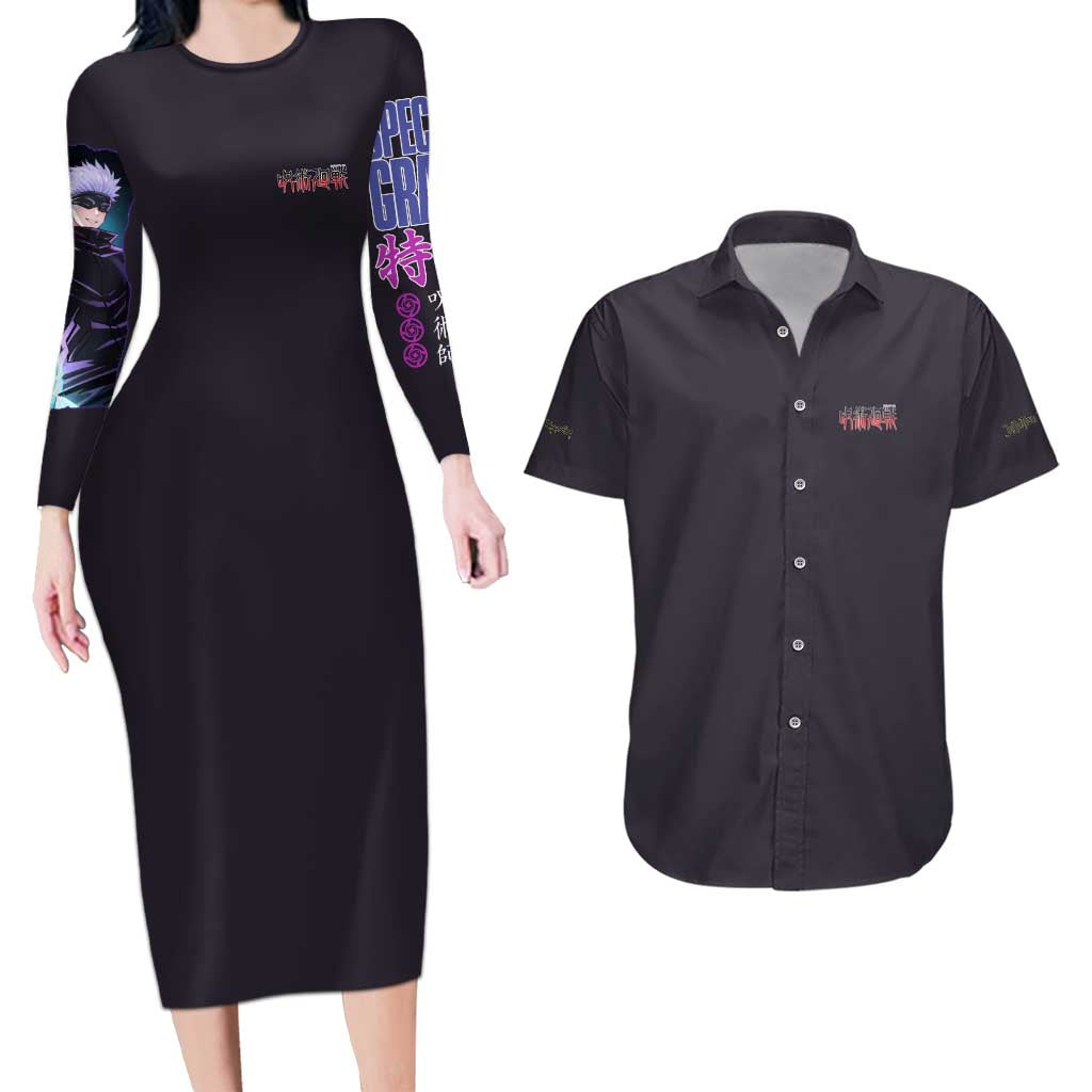 Satoru Gojo V3 Jujutsu Kaisen Couples Matching Long Sleeve Bodycon Dress and Hawaiian Shirt Anime Style
