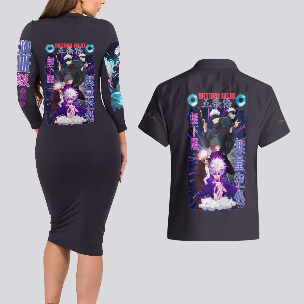 Satoru Gojo V3 Jujutsu Kaisen Couples Matching Long Sleeve Bodycon Dress and Hawaiian Shirt Anime Style