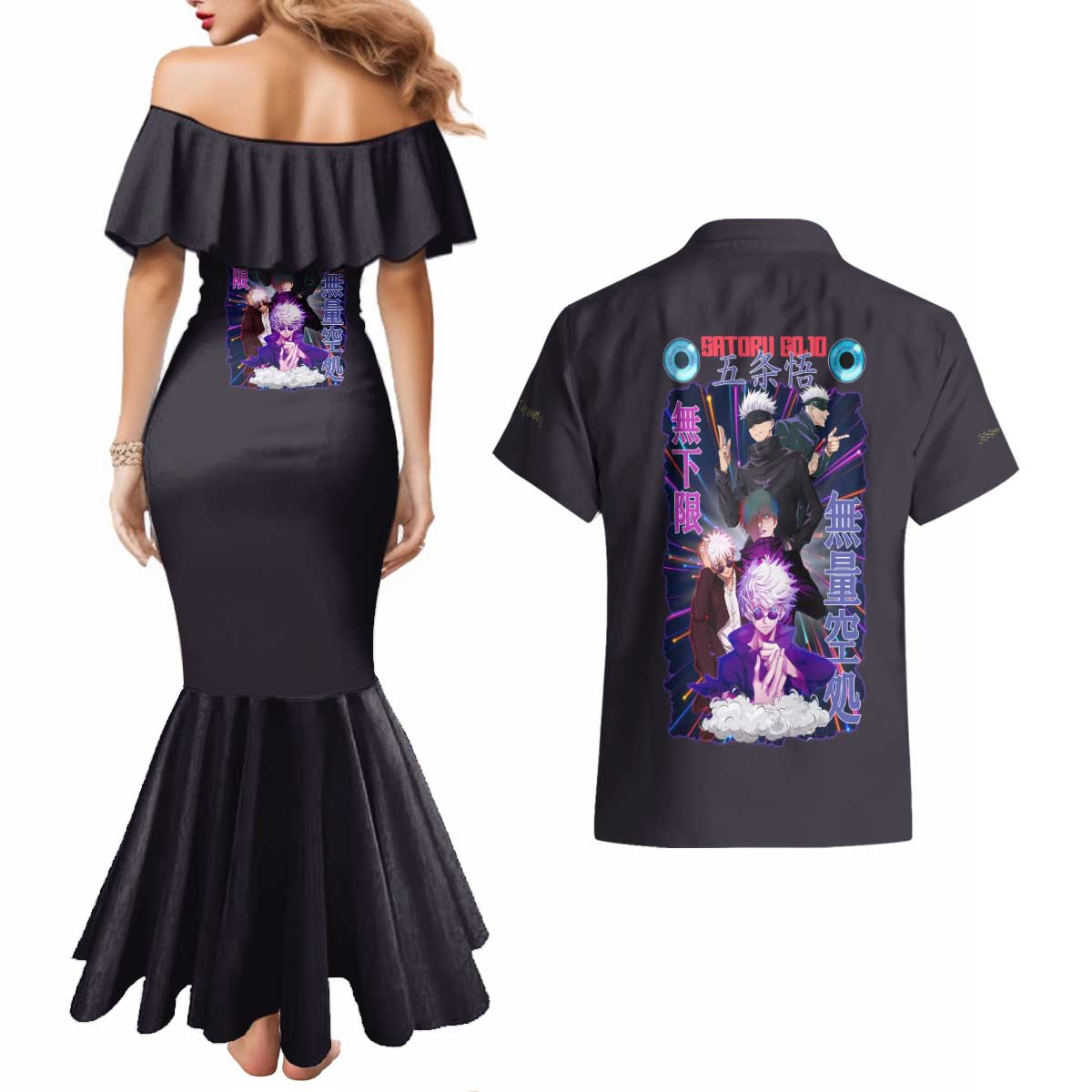 Satoru Gojo V3 Jujutsu Kaisen Couples Matching Mermaid Dress and Hawaiian Shirt Anime Style