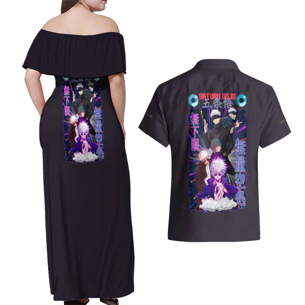 Satoru Gojo V3 Jujutsu Kaisen Couples Matching Off Shoulder Maxi Dress and Hawaiian Shirt Anime Style
