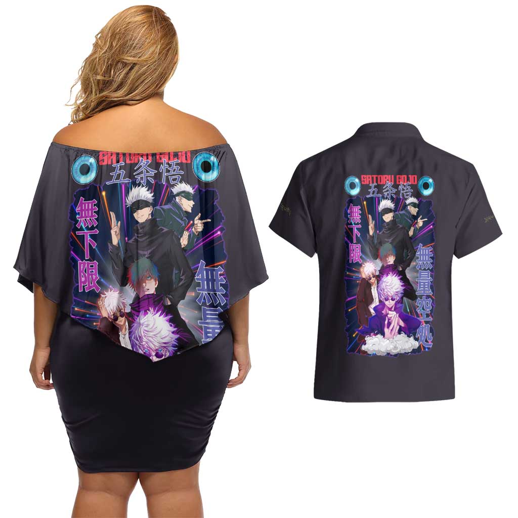 Satoru Gojo V3 Jujutsu Kaisen Couples Matching Off Shoulder Short Dress and Hawaiian Shirt Anime Style