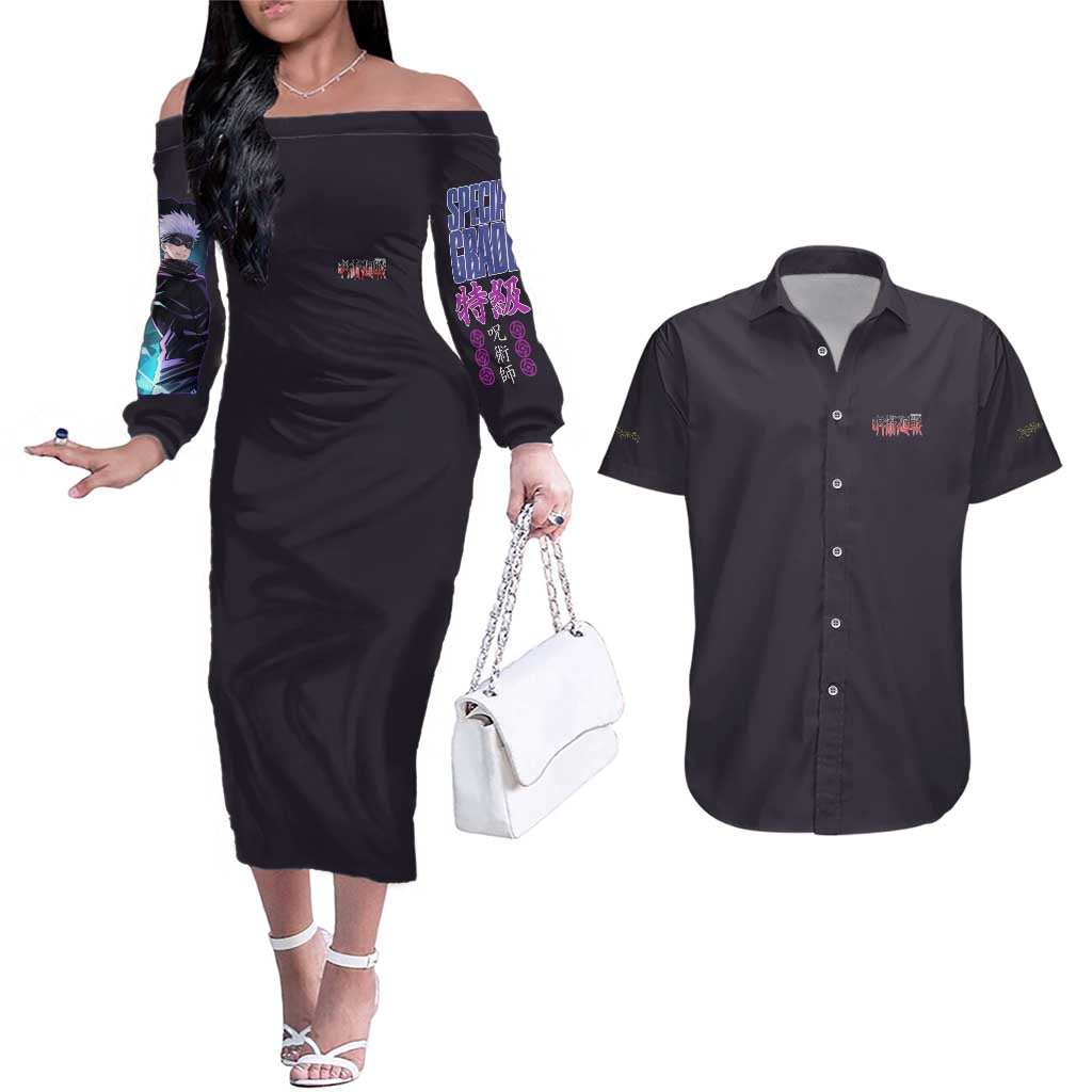 Satoru Gojo V3 Jujutsu Kaisen Couples Matching Off The Shoulder Long Sleeve Dress and Hawaiian Shirt Anime Style