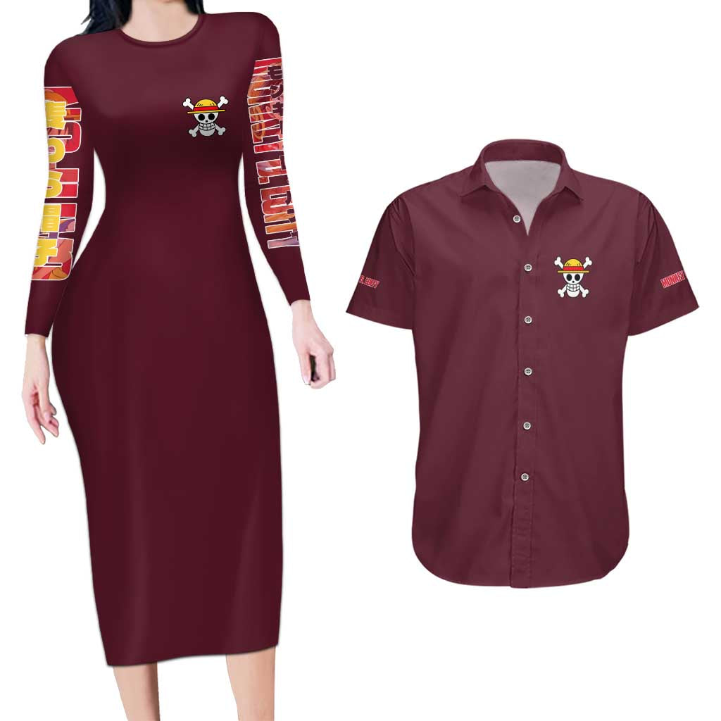 Monkey D. Luffy V3 One Piece Couples Matching Long Sleeve Bodycon Dress and Hawaiian Shirt Anime Style