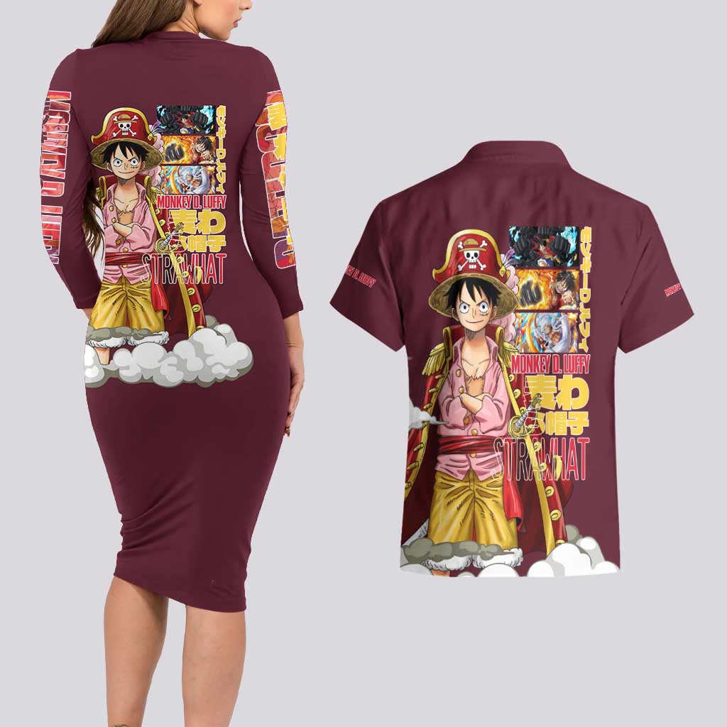 Monkey D. Luffy V3 One Piece Couples Matching Long Sleeve Bodycon Dress and Hawaiian Shirt Anime Style