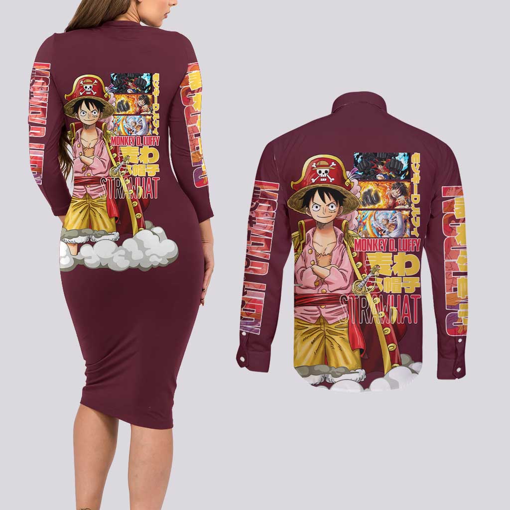 Monkey D. Luffy V3 One Piece Couples Matching Long Sleeve Bodycon Dress and Long Sleeve Button Shirt Anime Style
