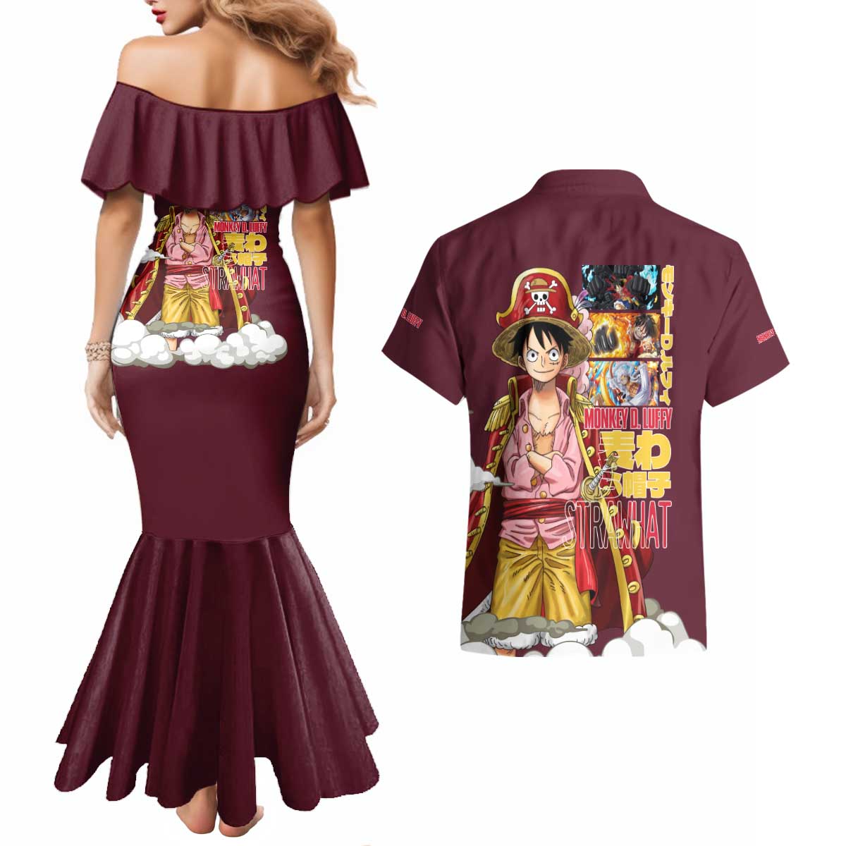 Monkey D. Luffy V3 One Piece Couples Matching Mermaid Dress and Hawaiian Shirt Anime Style