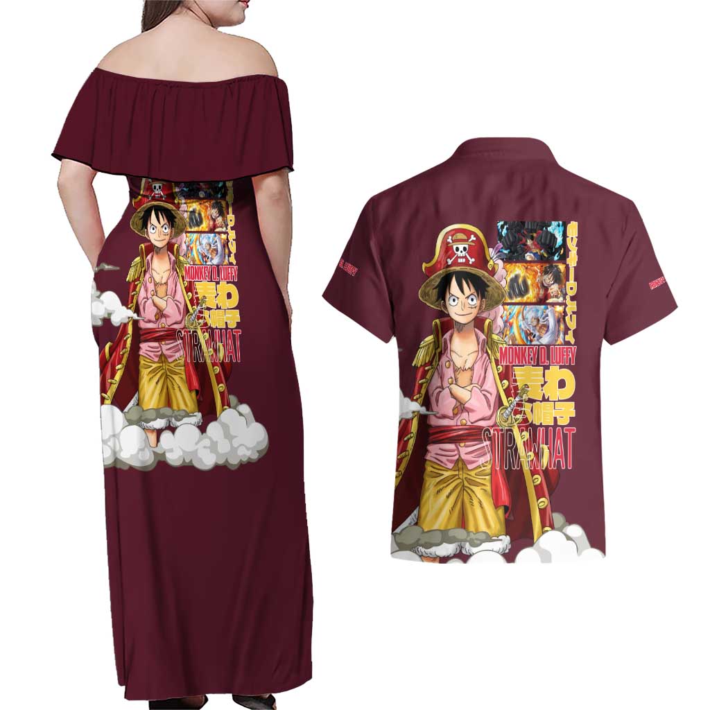 Monkey D. Luffy V3 One Piece Couples Matching Off Shoulder Maxi Dress and Hawaiian Shirt Anime Style