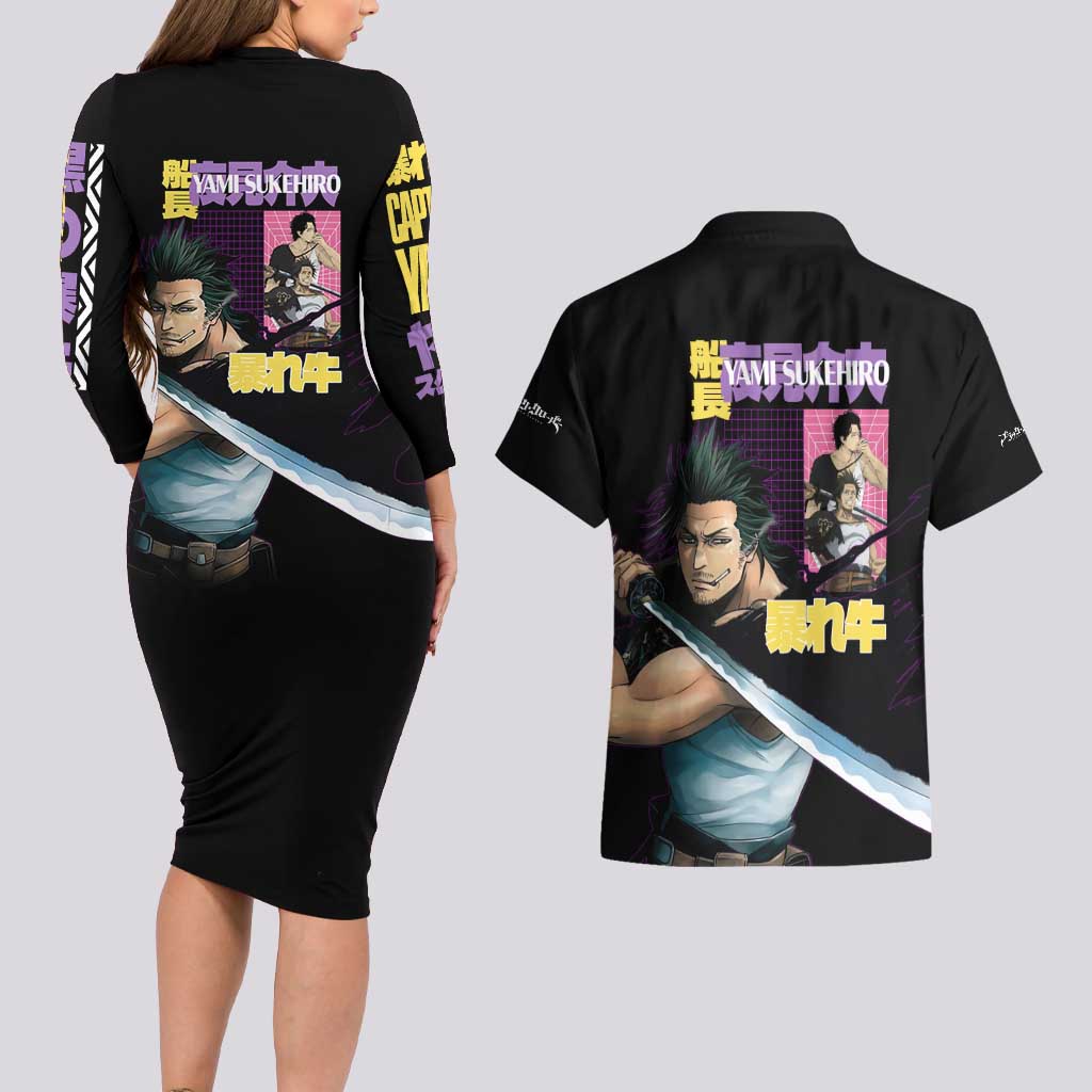 Yami Sukehiro V3 Black Clover Couples Matching Long Sleeve Bodycon Dress and Hawaiian Shirt Anime Style