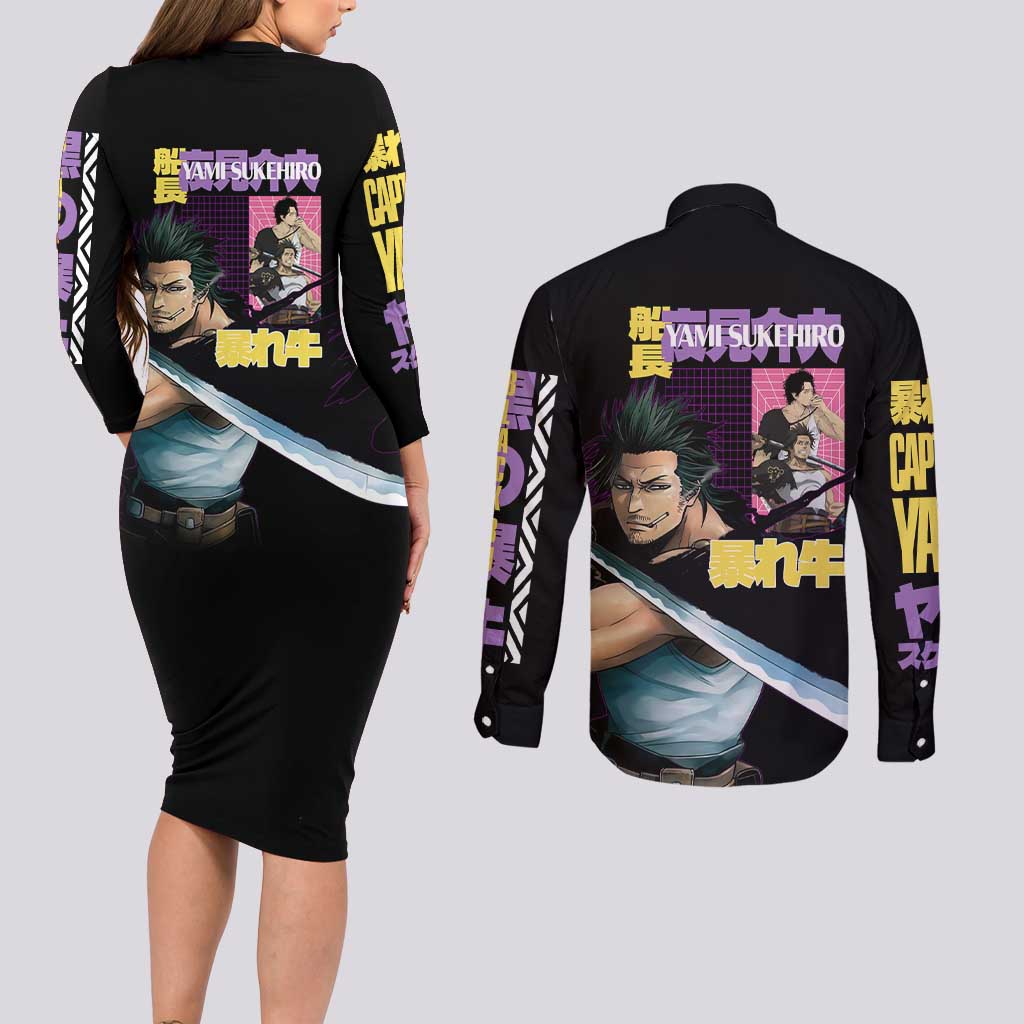 Yami Sukehiro V3 Black Clover Couples Matching Long Sleeve Bodycon Dress and Long Sleeve Button Shirt Anime Style
