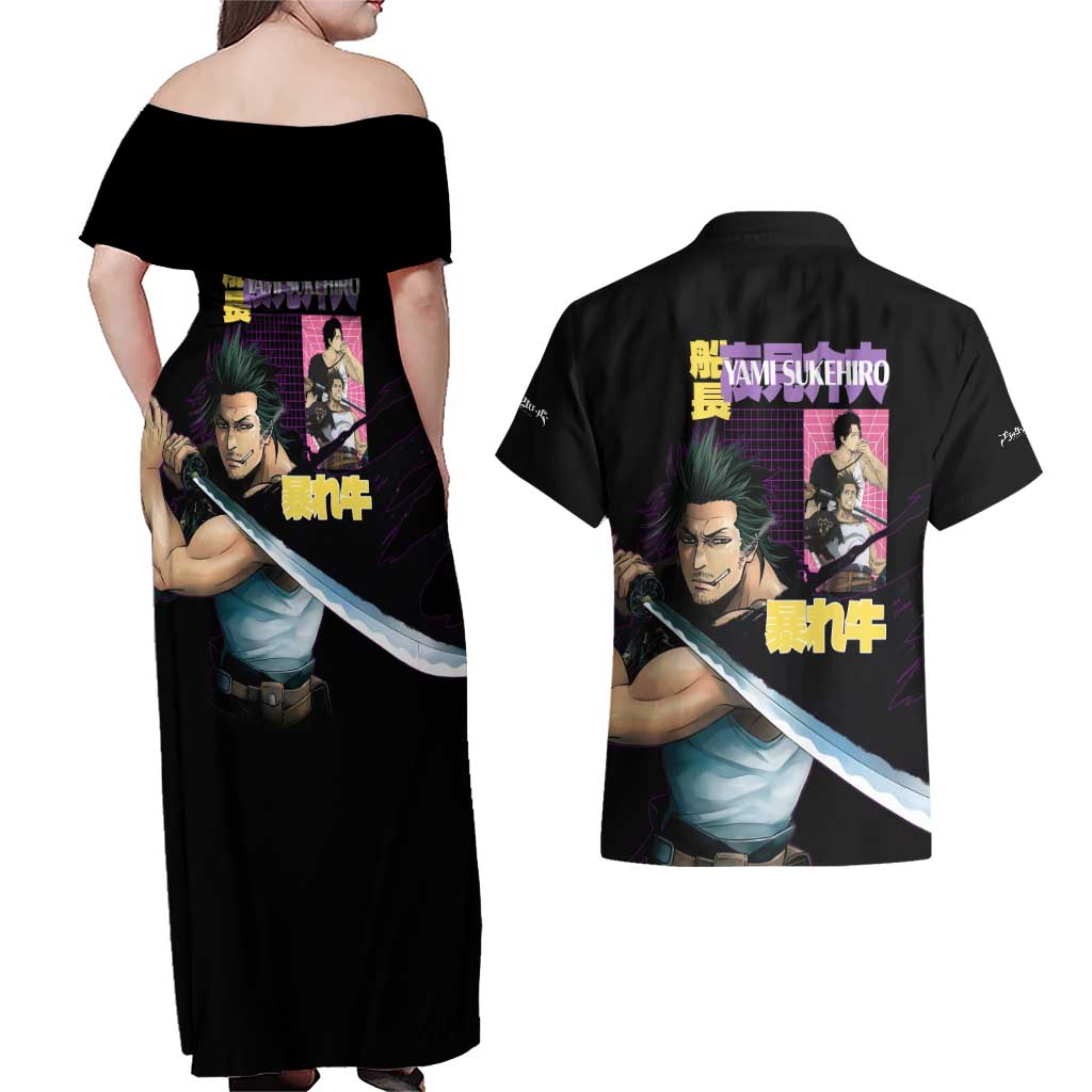 Yami Sukehiro V3 Black Clover Couples Matching Off Shoulder Maxi Dress and Hawaiian Shirt Anime Style