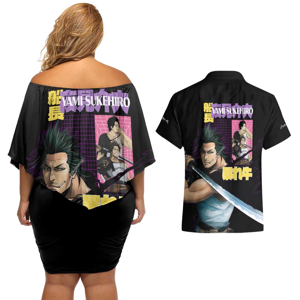 Yami Sukehiro V3 Black Clover Couples Matching Off Shoulder Short Dress and Hawaiian Shirt Anime Style