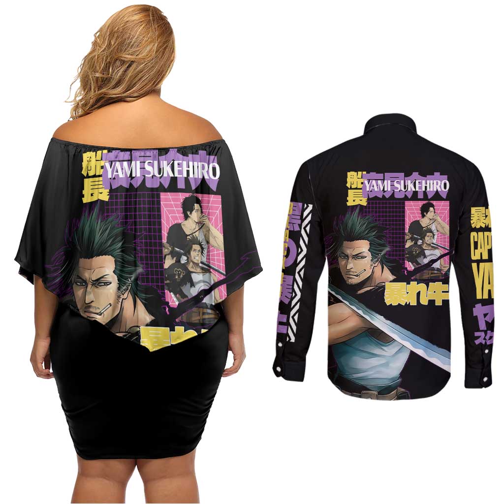 Yami Sukehiro V3 Black Clover Couples Matching Off Shoulder Short Dress and Long Sleeve Button Shirt Anime Style
