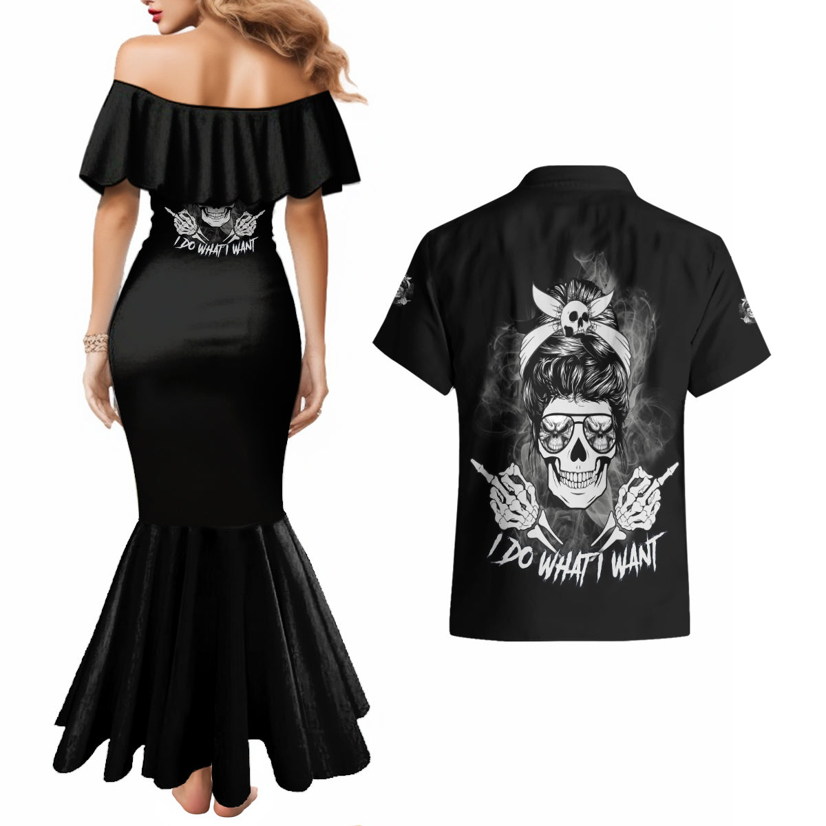 i-do-what-i-want-skull-black-and-white-couples-matching-mermaid-dress-and-hawaiian-shirt