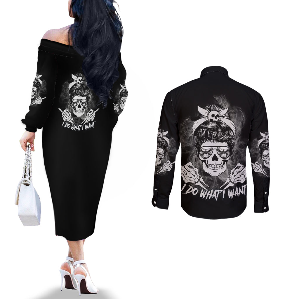 i-do-what-i-want-skull-black-and-white-couples-matching-off-the-shoulder-long-sleeve-dress-and-long-sleeve-button-shirt
