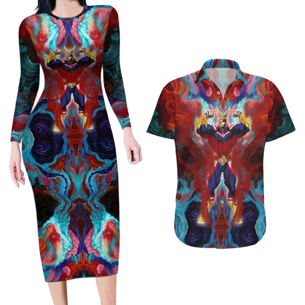 Atmospheric Blast All Might My Hero Academia Couples Matching Long Sleeve Bodycon Dress and Hawaiian Shirt Anime Mix Abstracs Trippy Style