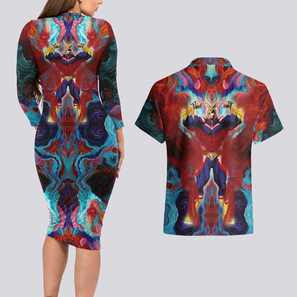 Atmospheric Blast All Might My Hero Academia Couples Matching Long Sleeve Bodycon Dress and Hawaiian Shirt Anime Mix Abstracs Trippy Style