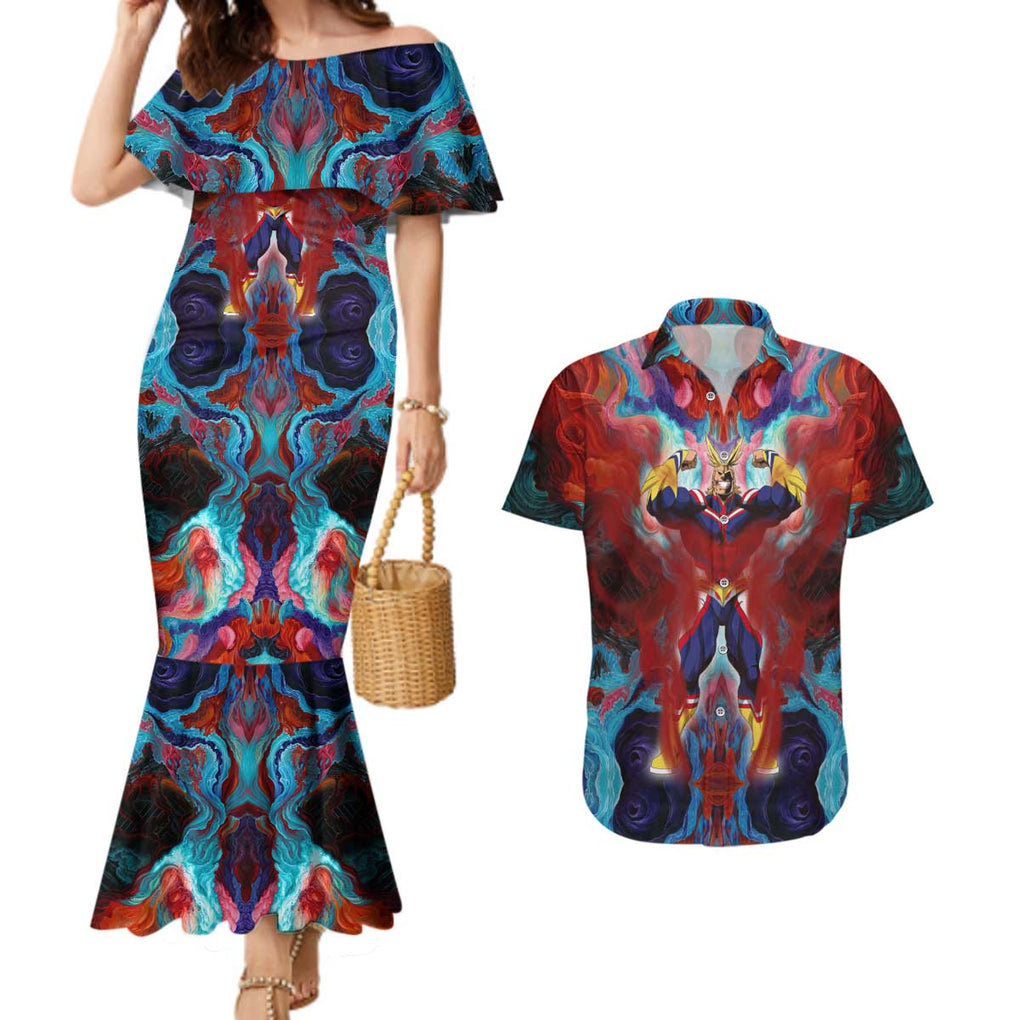 Atmospheric Blast All Might My Hero Academia Couples Matching Mermaid Dress and Hawaiian Shirt Anime Mix Abstracs Trippy Style