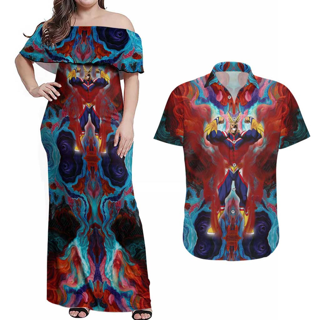 Atmospheric Blast All Might My Hero Academia Couples Matching Off Shoulder Maxi Dress and Hawaiian Shirt Anime Mix Abstracs Trippy Style