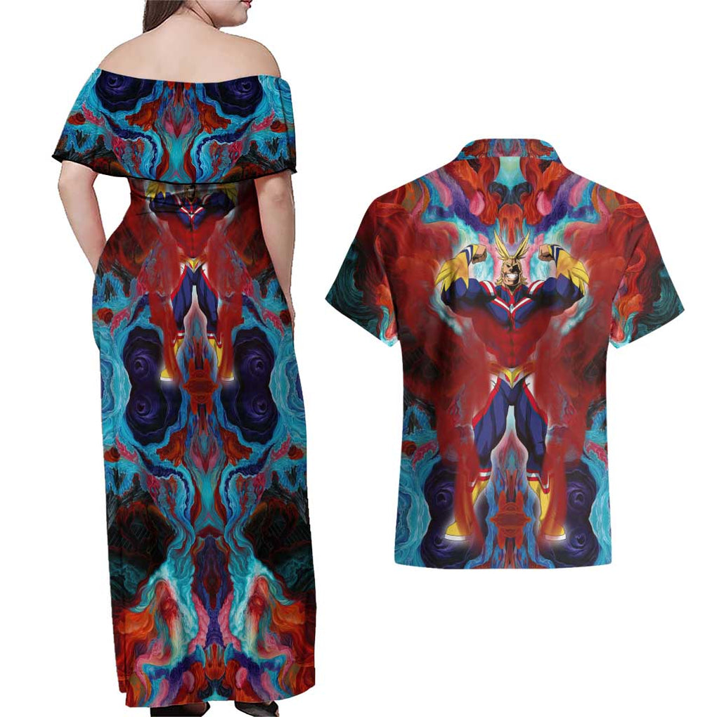 Atmospheric Blast All Might My Hero Academia Couples Matching Off Shoulder Maxi Dress and Hawaiian Shirt Anime Mix Abstracs Trippy Style