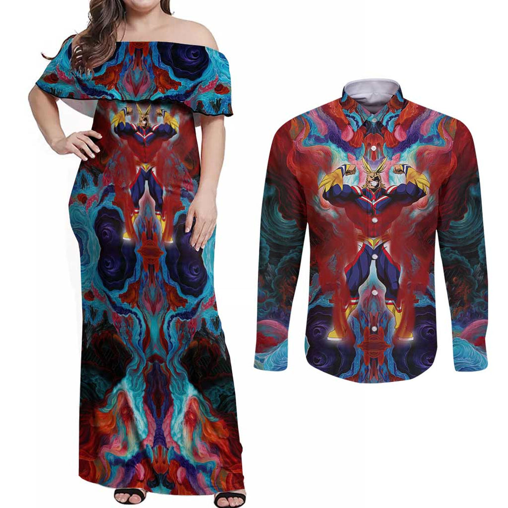 Atmospheric Blast All Might My Hero Academia Couples Matching Off Shoulder Maxi Dress and Long Sleeve Button Shirt Anime Mix Abstracs Trippy Style