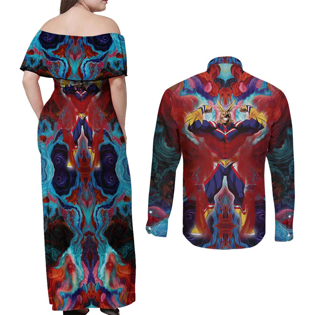 Atmospheric Blast All Might My Hero Academia Couples Matching Off Shoulder Maxi Dress and Long Sleeve Button Shirt Anime Mix Abstracs Trippy Style