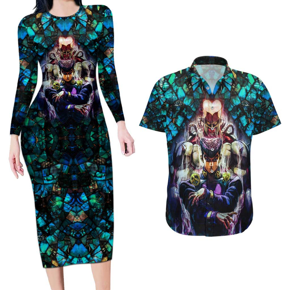 Trippy Josuke Shining Diamond Jojo’s Bizarre Adventure Couples Matching Long Sleeve Bodycon Dress and Hawaiian Shirt Anime Mix Abstracs Style