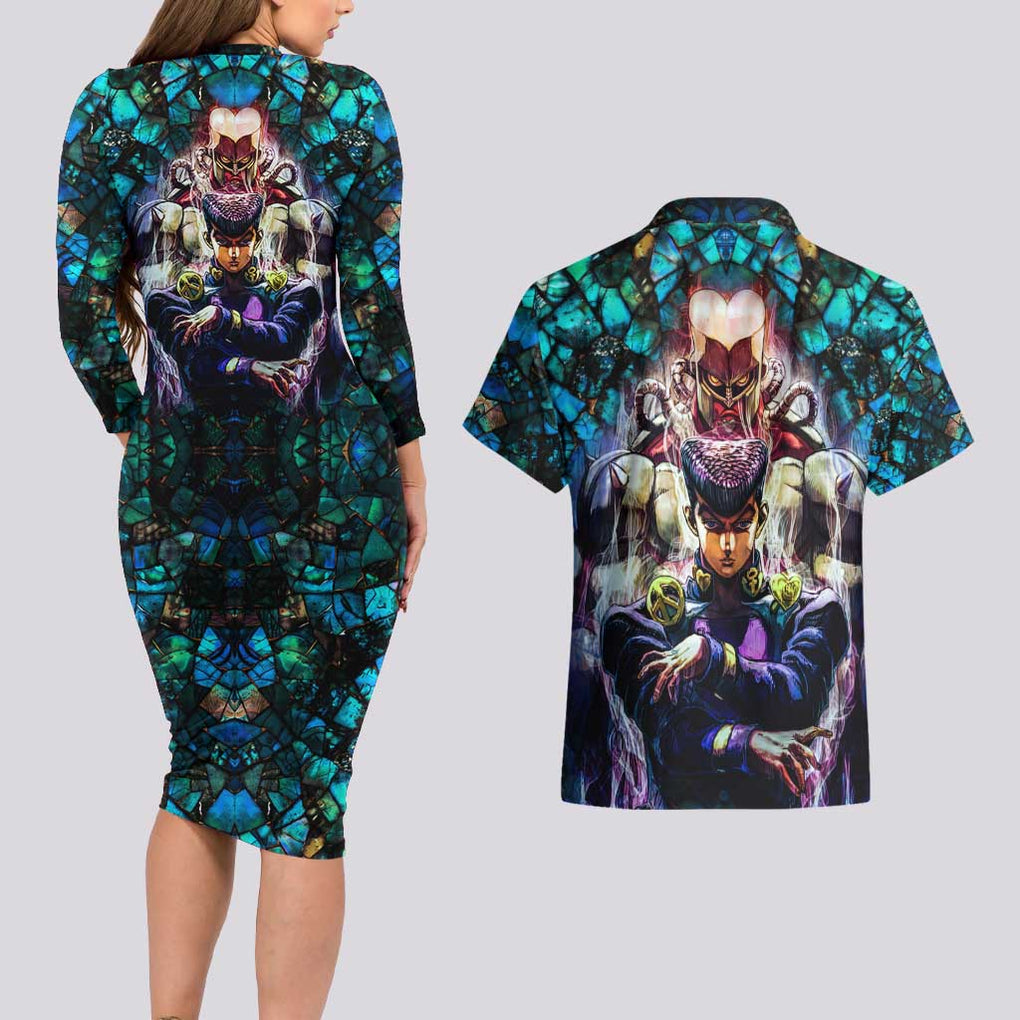Trippy Josuke Shining Diamond Jojo’s Bizarre Adventure Couples Matching Long Sleeve Bodycon Dress and Hawaiian Shirt Anime Mix Abstracs Style