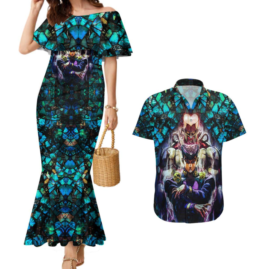 Trippy Josuke Shining Diamond Jojo’s Bizarre Adventure Couples Matching Mermaid Dress and Hawaiian Shirt Anime Mix Abstracs Style