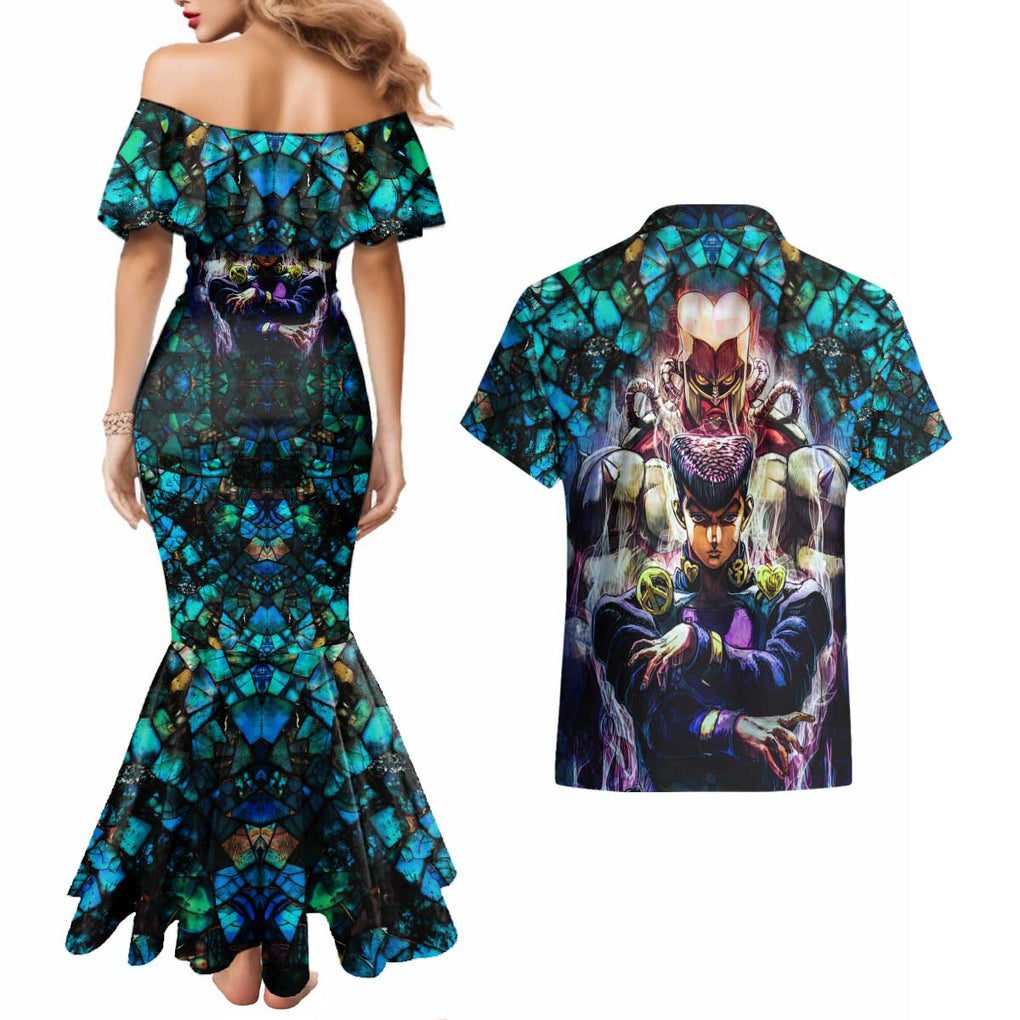 Trippy Josuke Shining Diamond Jojo’s Bizarre Adventure Couples Matching Mermaid Dress and Hawaiian Shirt Anime Mix Abstracs Style