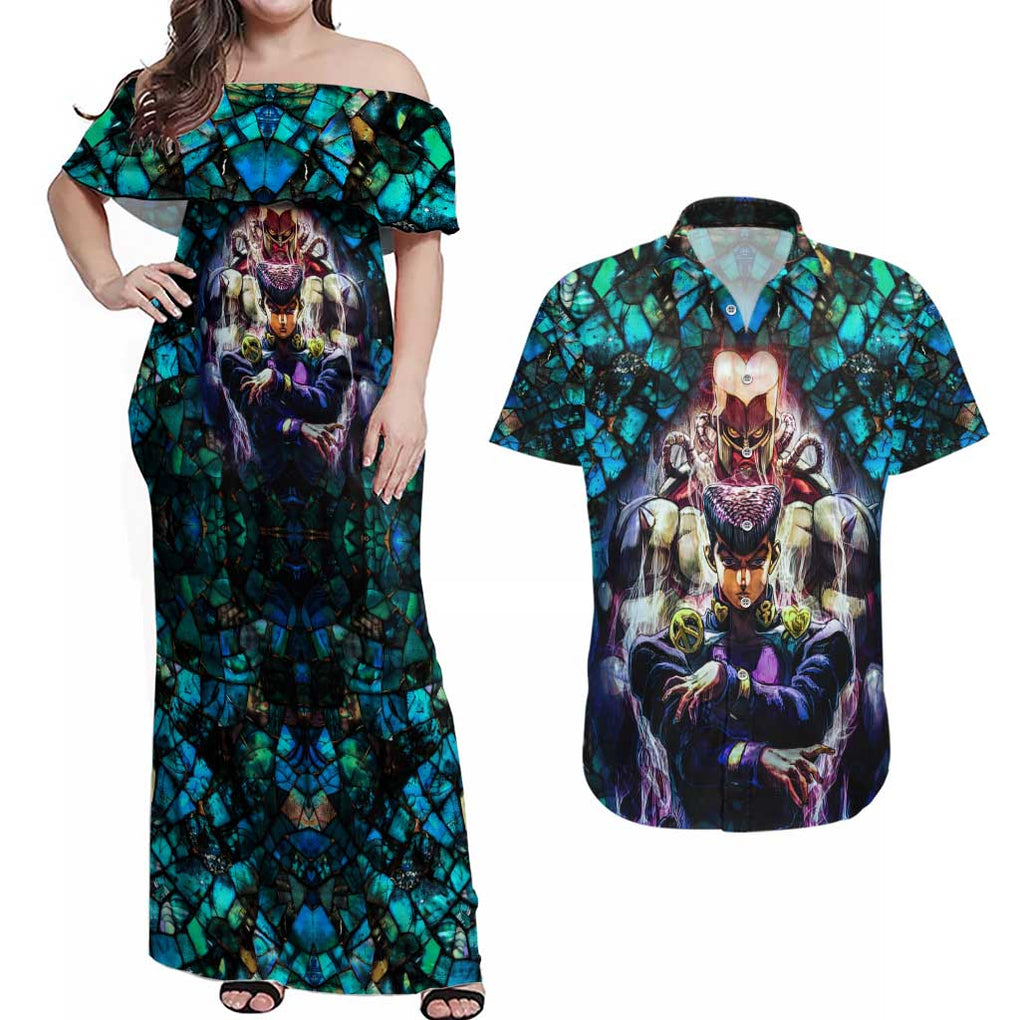 Trippy Josuke Shining Diamond Jojo’s Bizarre Adventure Couples Matching Off Shoulder Maxi Dress and Hawaiian Shirt Anime Mix Abstracs Style