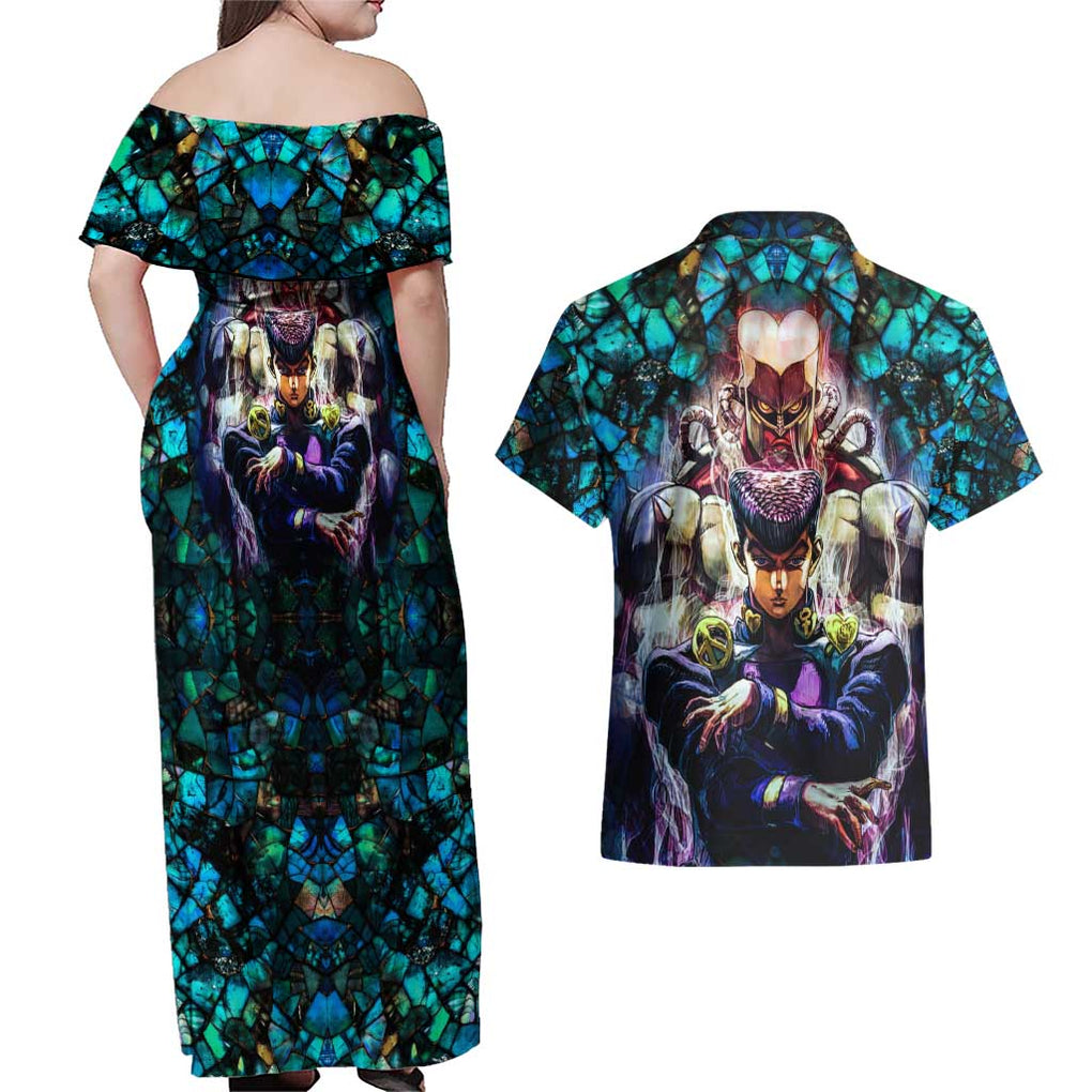 Trippy Josuke Shining Diamond Jojo’s Bizarre Adventure Couples Matching Off Shoulder Maxi Dress and Hawaiian Shirt Anime Mix Abstracs Style