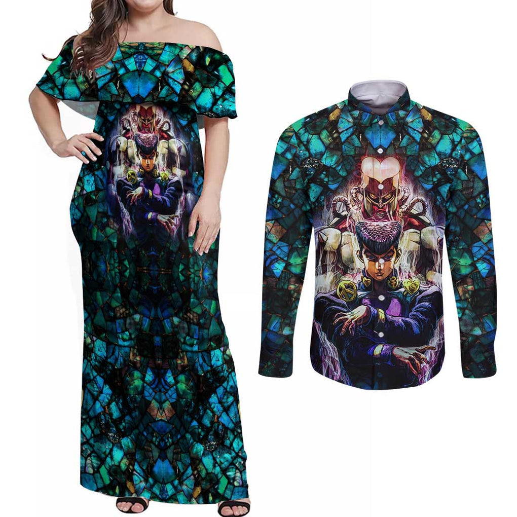 Trippy Josuke Shining Diamond Jojo’s Bizarre Adventure Couples Matching Off Shoulder Maxi Dress and Long Sleeve Button Shirt Anime Mix Abstracs Style