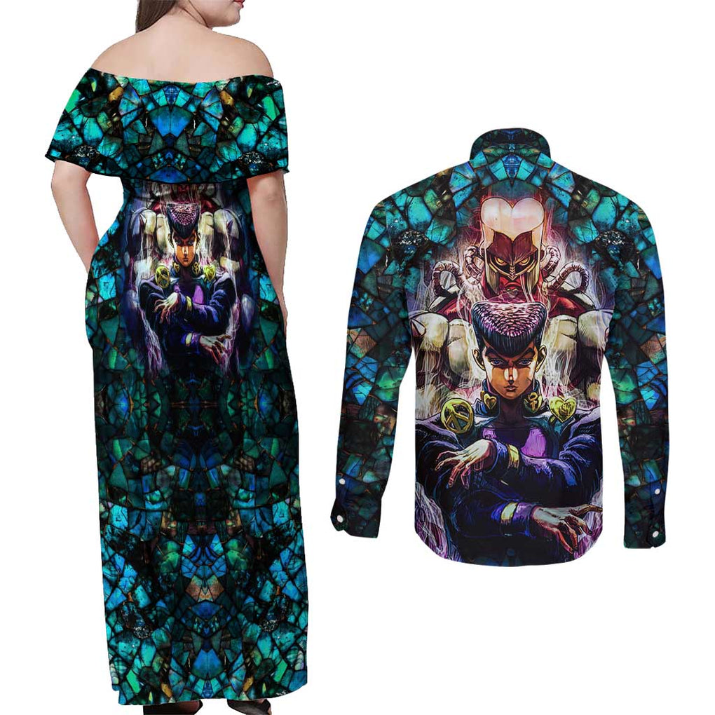 Trippy Josuke Shining Diamond Jojo’s Bizarre Adventure Couples Matching Off Shoulder Maxi Dress and Long Sleeve Button Shirt Anime Mix Abstracs Style