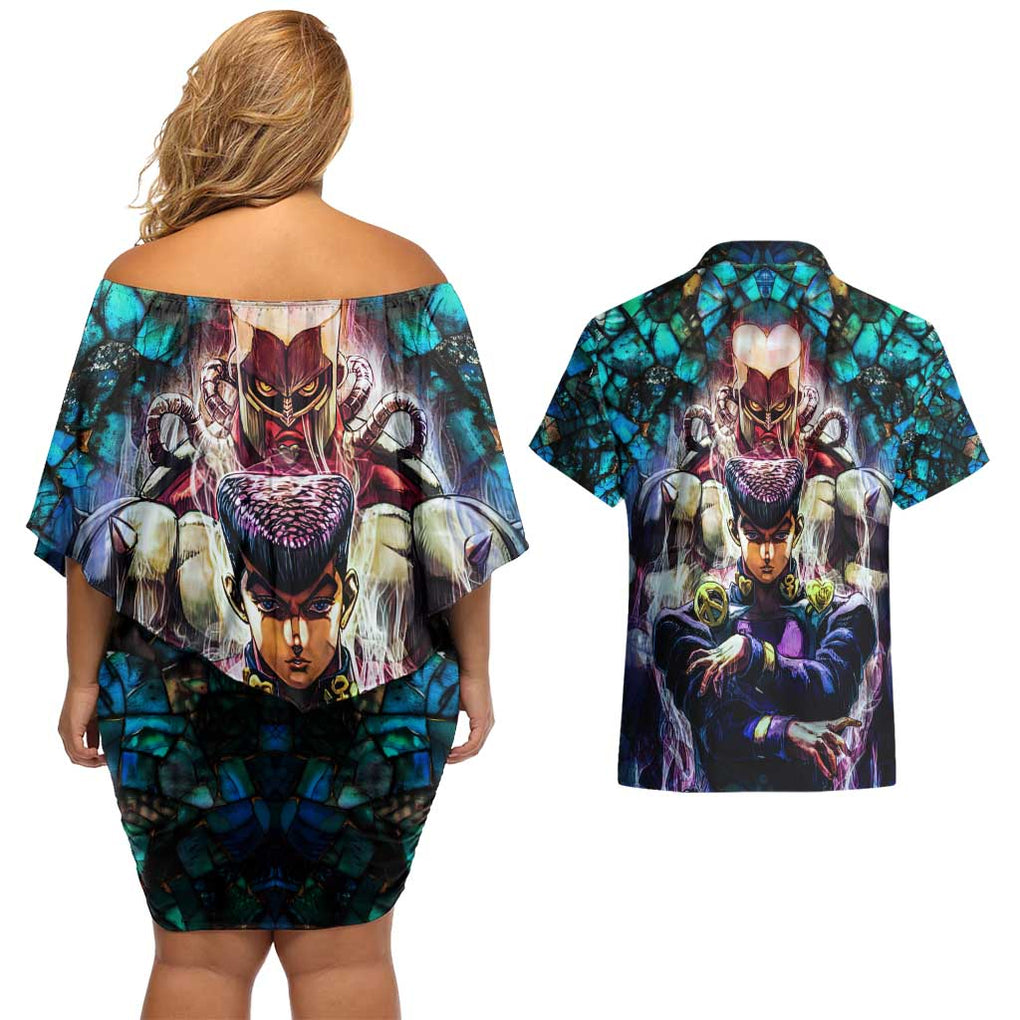 Trippy Josuke Shining Diamond Jojo’s Bizarre Adventure Couples Matching Off Shoulder Short Dress and Hawaiian Shirt Anime Mix Abstracs Style