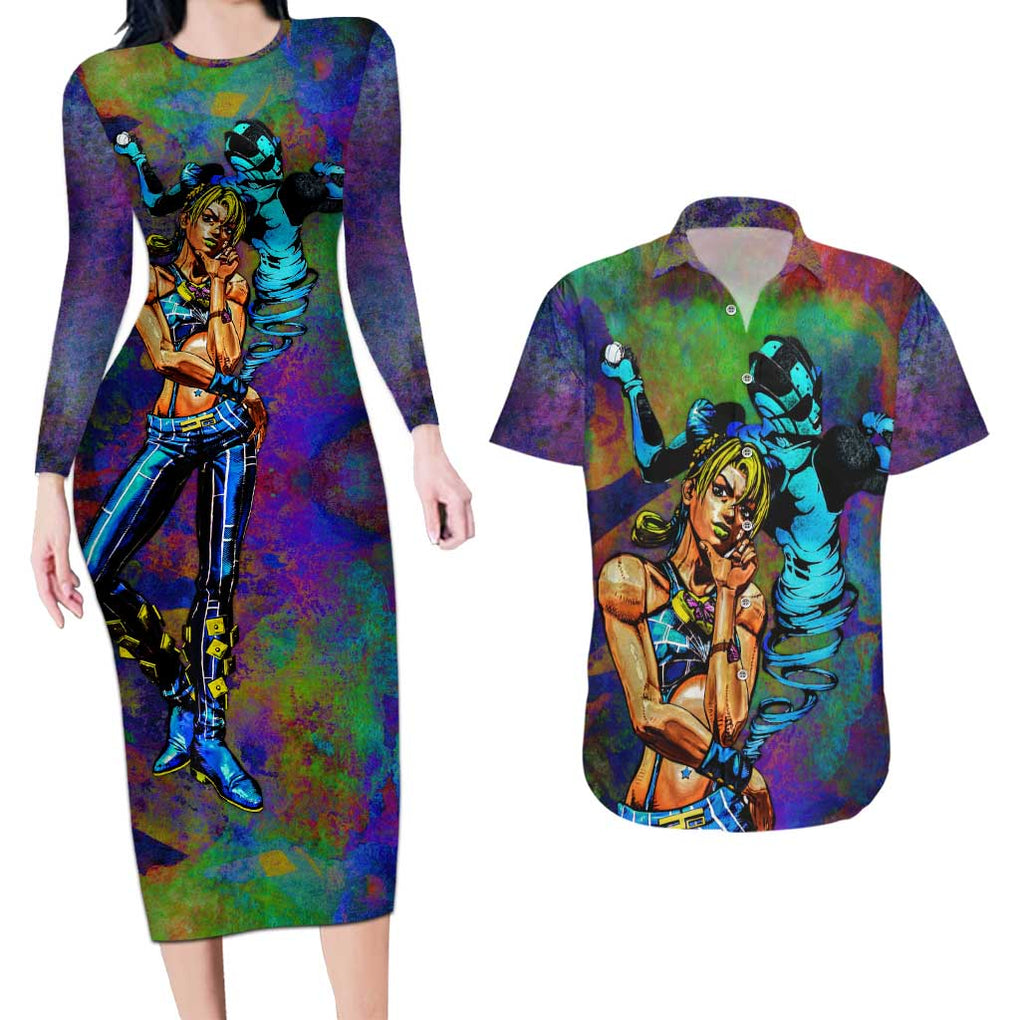 Trippy Jolyne Cujoh Stone Ocean Jojo’s Bizarre Adventure Couples Matching Long Sleeve Bodycon Dress and Hawaiian Shirt Anime Mix Abstracs Style