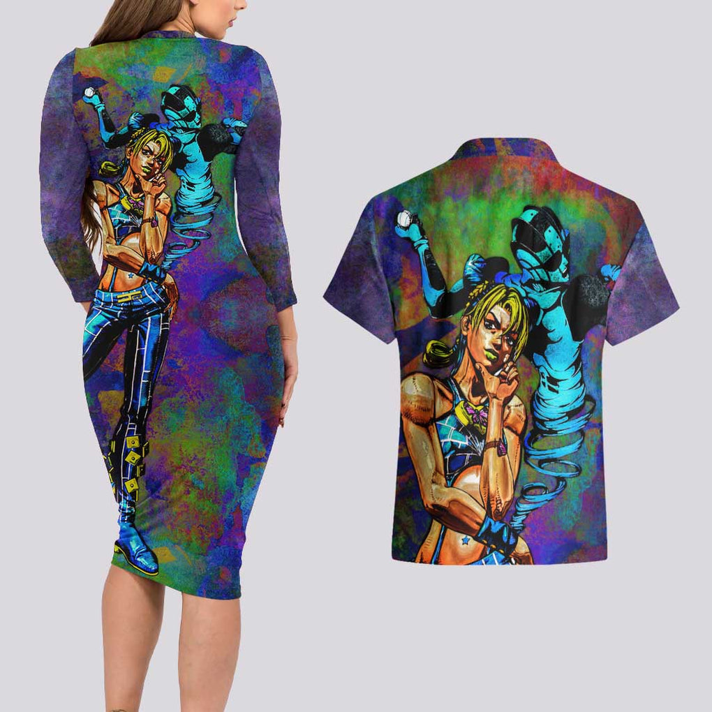 Trippy Jolyne Cujoh Stone Ocean Jojo’s Bizarre Adventure Couples Matching Long Sleeve Bodycon Dress and Hawaiian Shirt Anime Mix Abstracs Style