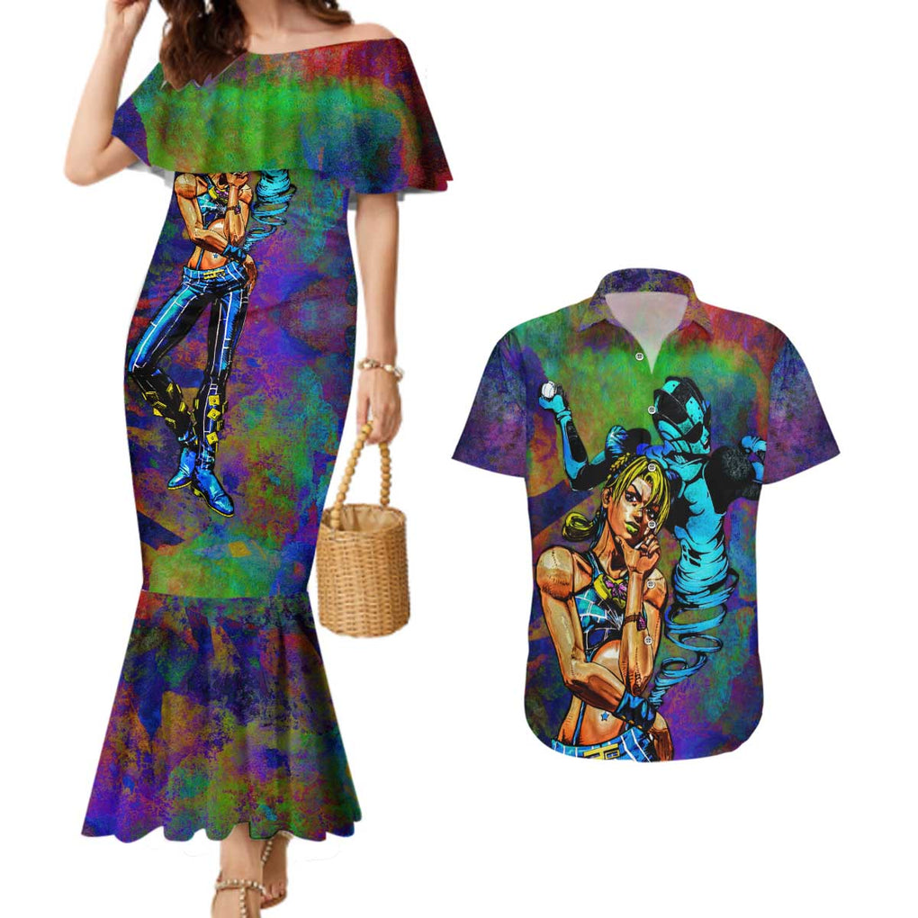 Trippy Jolyne Cujoh Stone Ocean Jojo’s Bizarre Adventure Couples Matching Mermaid Dress and Hawaiian Shirt Anime Mix Abstracs Style
