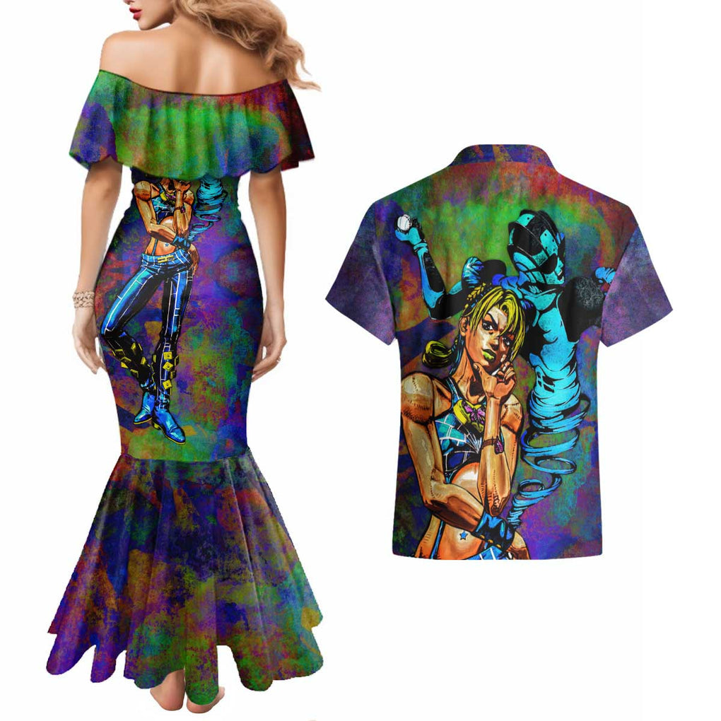Trippy Jolyne Cujoh Stone Ocean Jojo’s Bizarre Adventure Couples Matching Mermaid Dress and Hawaiian Shirt Anime Mix Abstracs Style