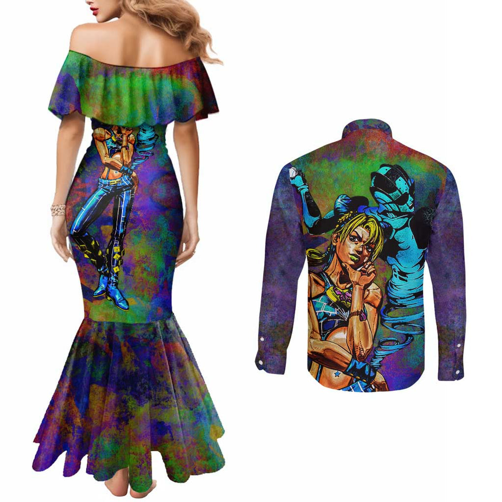 Trippy Jolyne Cujoh Stone Ocean Jojo’s Bizarre Adventure Couples Matching Mermaid Dress and Long Sleeve Button Shirt Anime Mix Abstracs Style