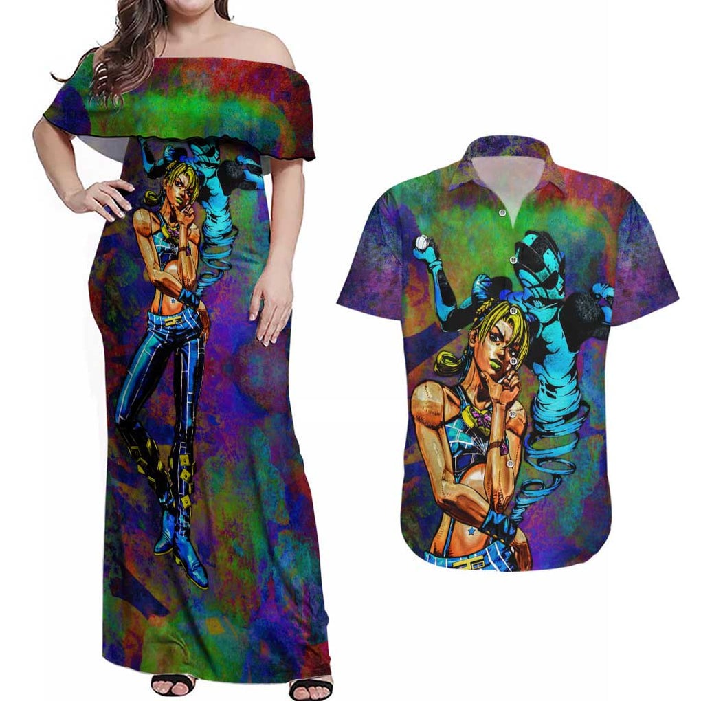 Trippy Jolyne Cujoh Stone Ocean Jojo’s Bizarre Adventure Couples Matching Off Shoulder Maxi Dress and Hawaiian Shirt Anime Mix Abstracs Style