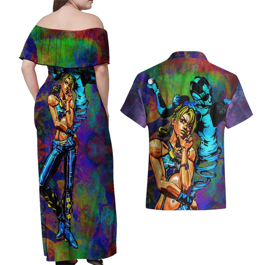 Trippy Jolyne Cujoh Stone Ocean Jojo’s Bizarre Adventure Couples Matching Off Shoulder Maxi Dress and Hawaiian Shirt Anime Mix Abstracs Style