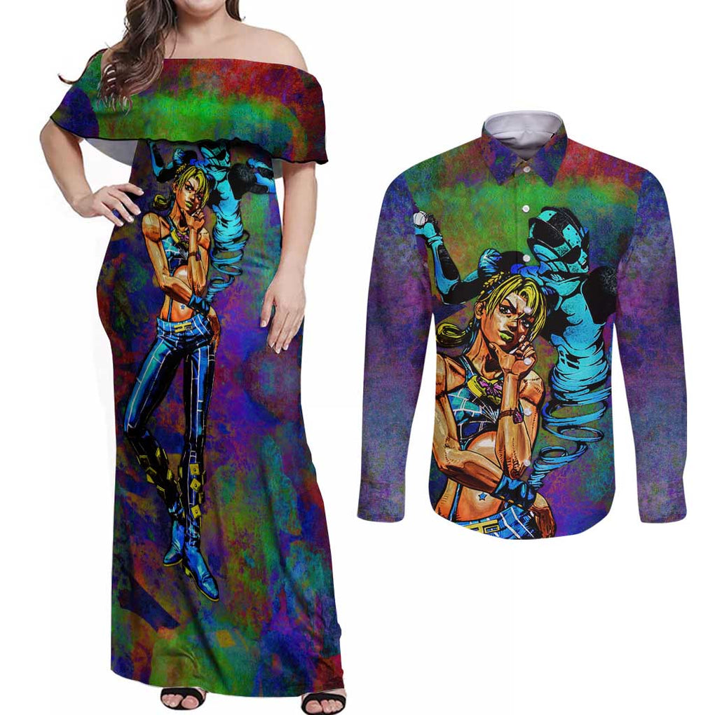 Trippy Jolyne Cujoh Stone Ocean Jojo’s Bizarre Adventure Couples Matching Off Shoulder Maxi Dress and Long Sleeve Button Shirt Anime Mix Abstracs Style