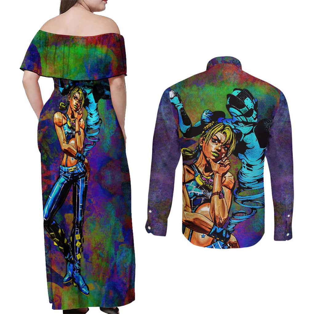 Trippy Jolyne Cujoh Stone Ocean Jojo’s Bizarre Adventure Couples Matching Off Shoulder Maxi Dress and Long Sleeve Button Shirt Anime Mix Abstracs Style