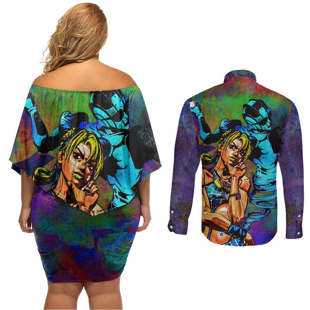 Trippy Jolyne Cujoh Stone Ocean Jojo’s Bizarre Adventure Couples Matching Off Shoulder Short Dress and Long Sleeve Button Shirt Anime Mix Abstracs Style